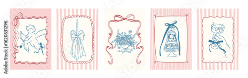 Whimsical wedding pink blue frames with bows, cupid, cake, martini glass line art set. Whimsy hand drawn vintage coquette minimalist borders. Coquette vector illustration