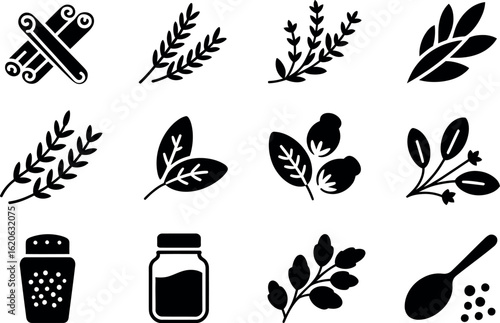 Spice Icons: Black and White Minimalist Herb and Seasoning Graphics