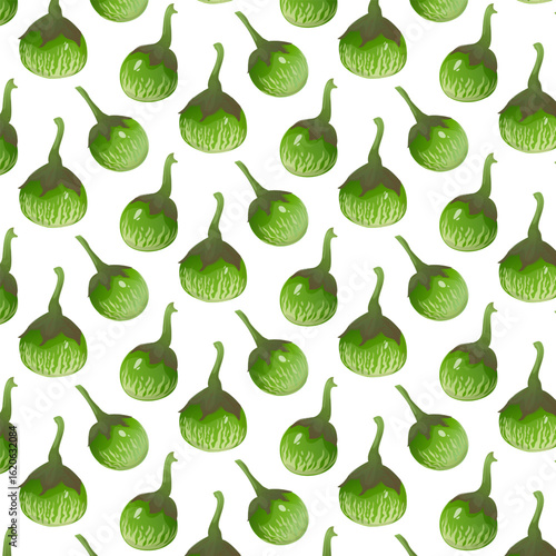 Seamless pattern thai eggplants, tropical vegetable is widely used in Southeast Asian cuisine. For food packaging, recipe books, restaurant menus, educational materials, blogs and market promotion