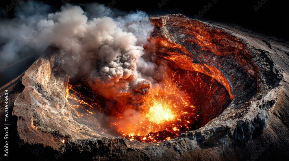 Naklejka premium Volcano crater close-up with intense eruption, fiery glow from within, heavy smoke and ash above