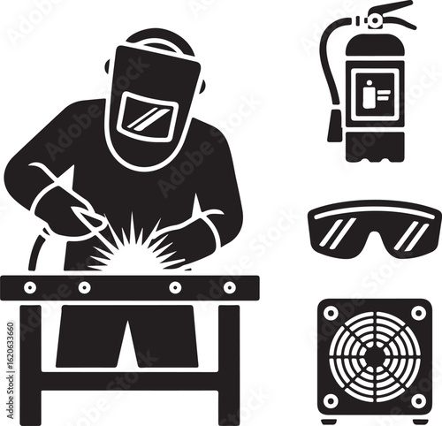 Welding Safety and Technique Icon Pack – Arc Welder, Shield, Gloves, Safety Goggles, Fire Extinguisher, Welding Table, and Ventilation Fan