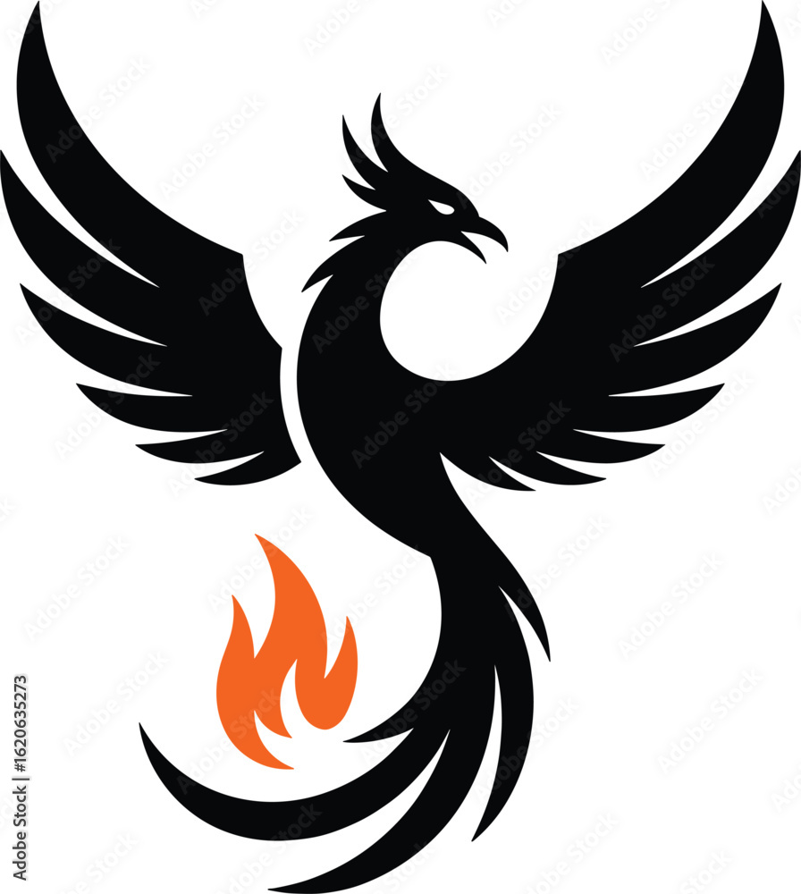 Obraz premium Black Phoenix Silhouette with Orange Flames on a White Background bird fire
