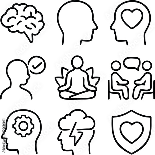 Mental health and psychology icon set. Collection of line art symbols for wellness, therapy, and mindfulness, including brain, emotion, and stress icons.