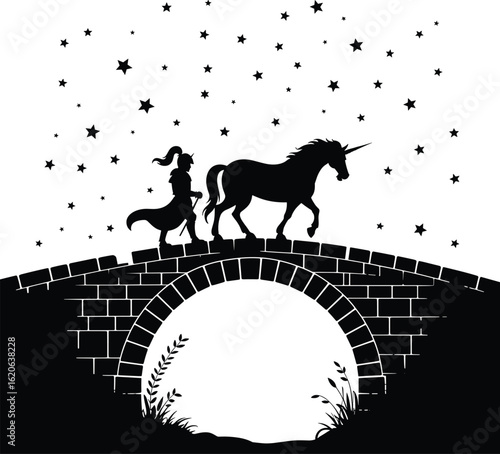Silhouette of a knight and unicorn walking across a brick bridge under a starry sky