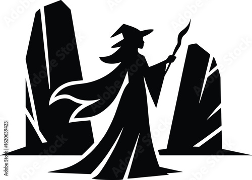 Silhouette of a witch with a staff standing between two standing stones wizard sorceress