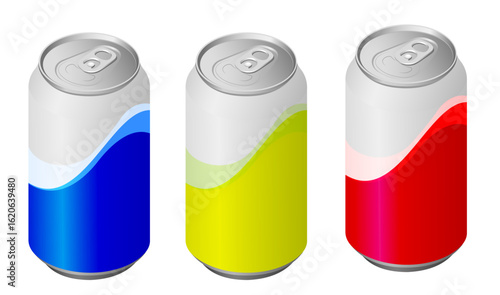Colorful Beverage Cans Set in Red Green and Blue with wave decoration  Vector Illustration