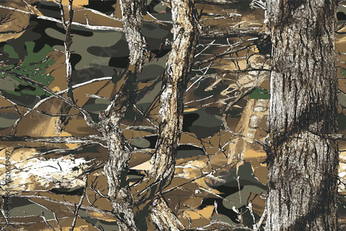 A vector camouflage pattern with an oak tree theme, featuring leaves and branches in earthy tones against a background of brown foliage for hunting or outdoor activities