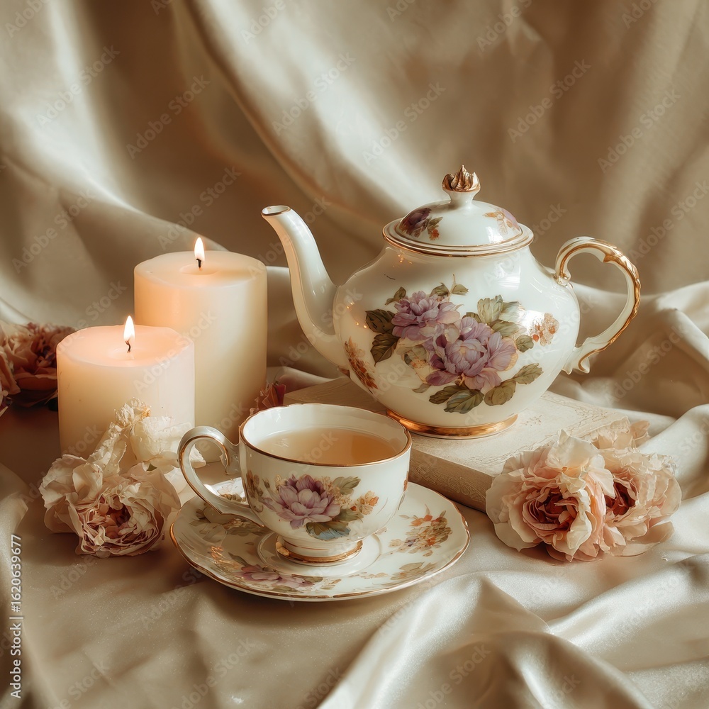 Fototapeta premium Elegant tea set, candles, roses, draped fabric. Still life photo