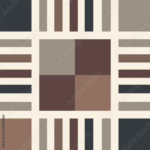 Seamless pattern of squares and stripes in colors that allude to coffee and chocolate.