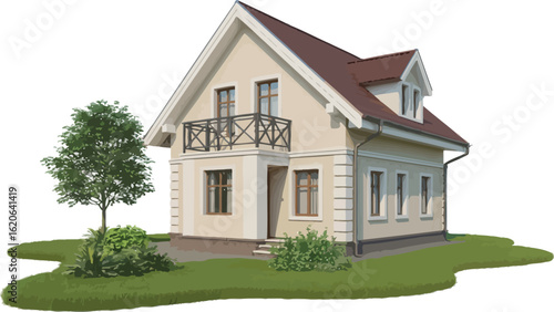Classic two-story house vector illustration with a balcony and tree on a white background