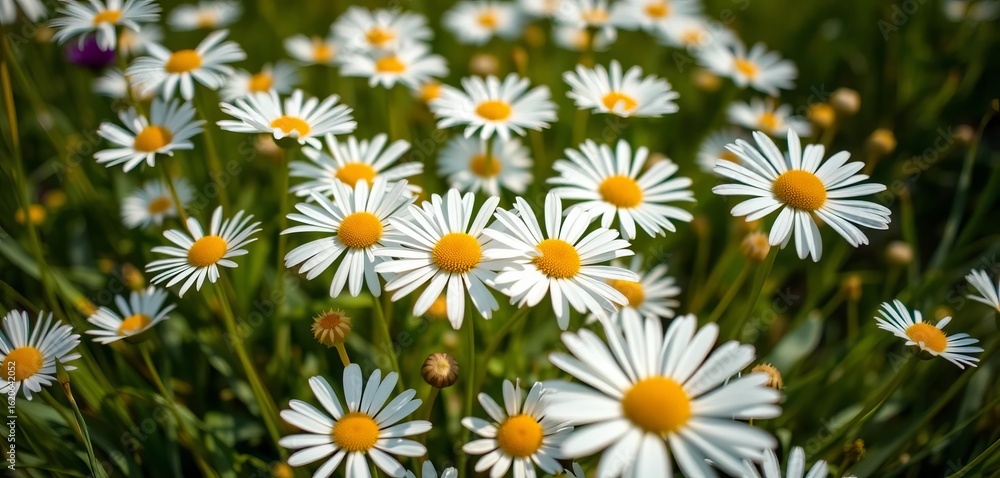 Fototapeta premium Close-up of delicate white daisies in a spring meadow, natural, bloom
