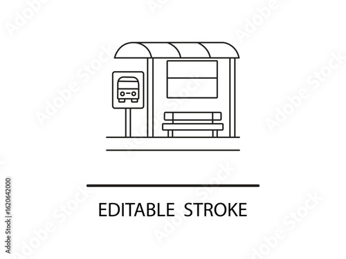 Minimalist bus stop line art illustration for transportation concepts and city planning projects with editable stroke for flexible design.