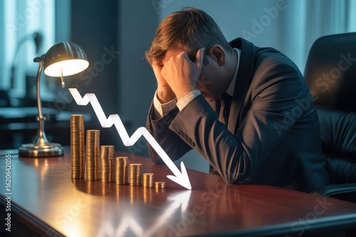 Businessman in despair over financial losses and declining stock market graph