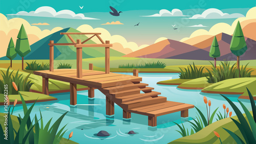 Peaceful Field Pond Featuring a Rustic Wooden Dock by the Water’s Edge