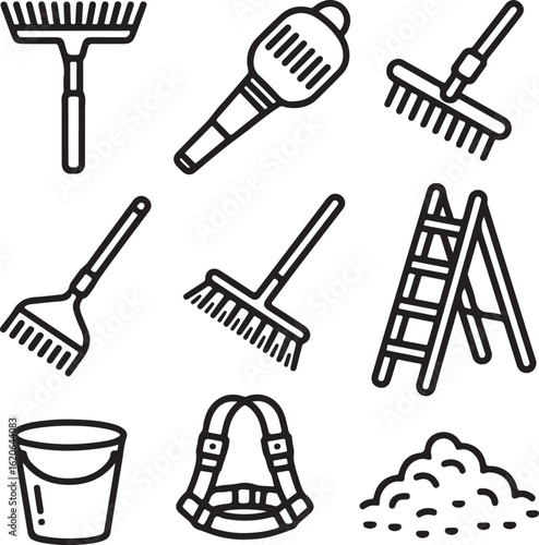 Roof Maintenance Tools Outline Icon Set – Telescopic Roof Rake, Debris Blower, Moss Scraper, Gutter Cleaning Brush, Ladder, and Safety Gear