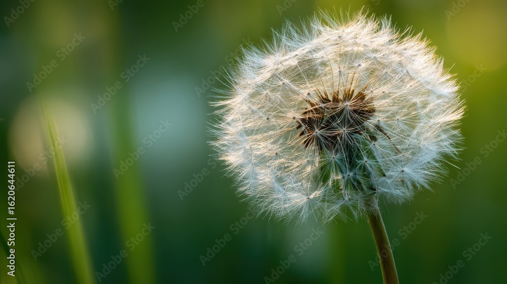 Fototapeta premium Captivating dandelion seed head showcases nature's beauty in a serene green field setting