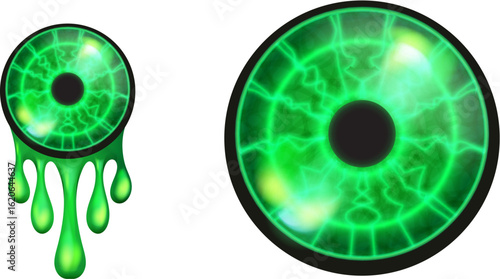 Vector green zombie eye with green slime isolated on white background. Vector 3d monster zombie eye png clip art illustration. Alien scary Eyeball isolated for Halloween design