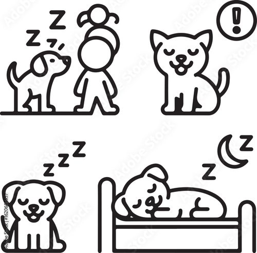 Sleepwalking Pets Outline Icons Set – Dog Watching Sleepwalker, Alert Cat, Snoozing Puppy, Pet Pawprints, Sleepy Moon, and Yawning Kitten