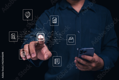 A person interacts with a virtual interface displaying digital document icons, highlighting secure data access technology.