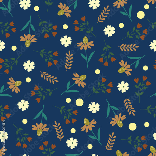 Echinacea flowers seamless pattern. Floral vector surface design of coneflowers, leaves and polka dots