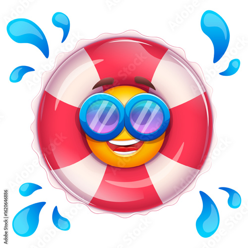 Happy emoji in inflatable swimming pool ring. Summer emoticon with sunglases on white background. Positive vibes, good mood, vacation, travel, holiday concept