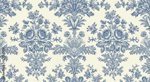 Seamless blue toile floral pattern on cream background