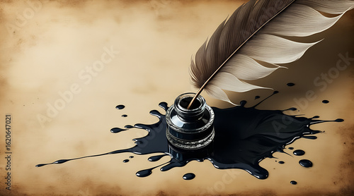 **Antique Inkwell Spill on Yellowed Parchment – Sepia & Iron Gall Black Puddle with Feather Quill Shadows, Copy Space**  