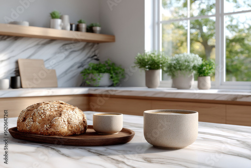 Wallpaper Mural Loaf of bread and coffee cup sitting on marble countertop in modern kitchen Torontodigital.ca