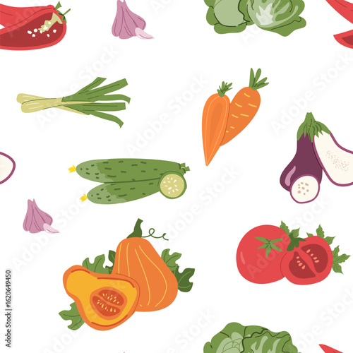 Wallpaper Mural Seamless pattern of fresh vegetables: carrots, cucumbers, tomatoes, and more. Torontodigital.ca