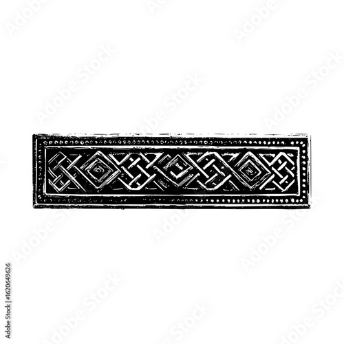 Intricate black and white rectangular border with geometric knot patterns and dotted edges design element
