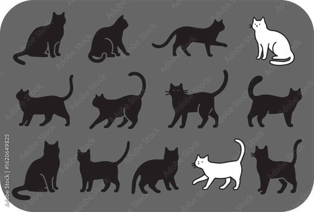 Fototapeta premium A striking collection of black and white cat silhouettes displayed in a grid pattern against a neutral grey background showcasing various feline poses