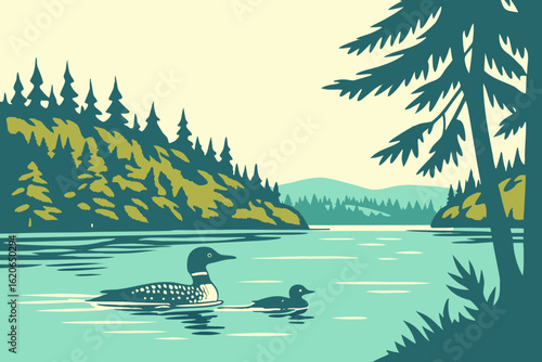 Absorb the peaceful scene of loons gliding across a calm Michigan lake in the USA, modern flat illustration style