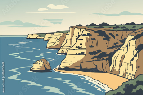 Admire the scenic cliffs of Portugal's Algarve coastline, modern flat illustration style