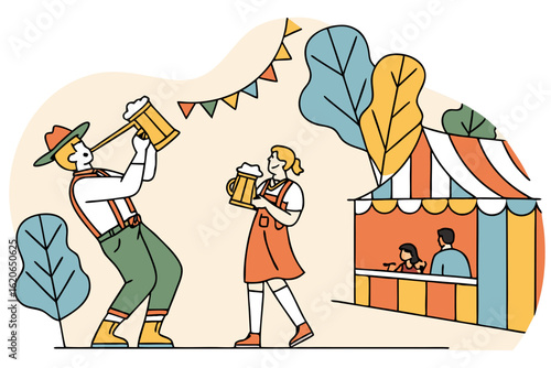 Attend Oktoberfest celebrations with beer steins and music in Minnesota, modern flat illustration style