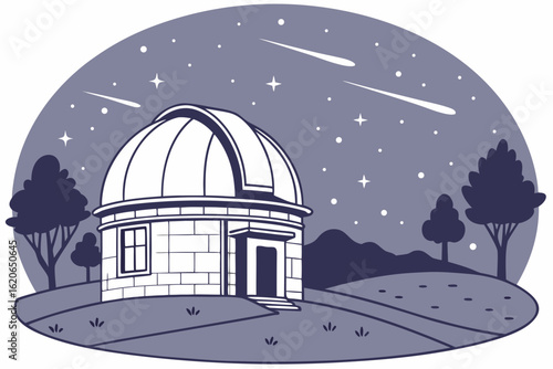 Astronomer observing stars at a rural observatory in Denmark, modern flat illustration style
