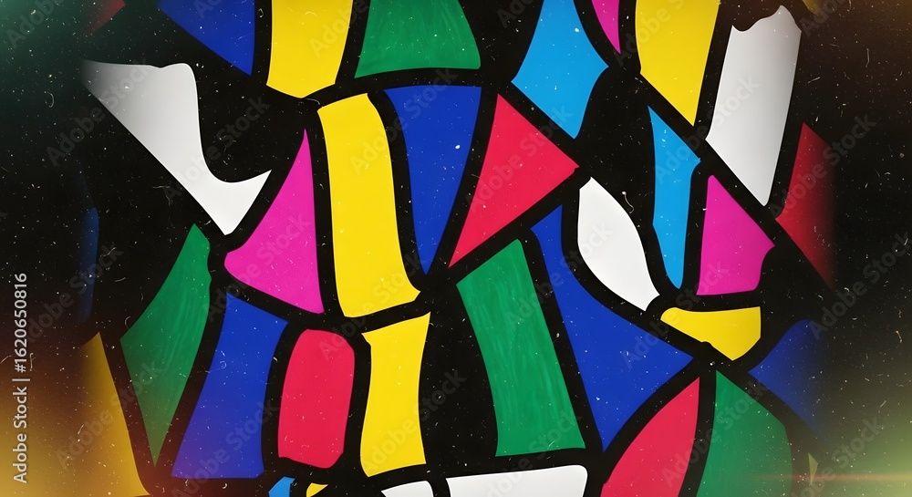 Vibrant Geometric Mosaic: Abstract Stained Glass Pattern with Bold Colors and Textured Film Grain Effect Vibrant Geometric Mosaic: Abstract Stained Glass Pattern with Bold Colors and Textured Film Grain Effect