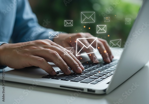 Person typing on a laptop keyboard with email icons floating around them symbolizing digital communication and online messaging