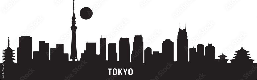 Obraz premium Black and White Tokyo City Skyline Silhouette Illustration
