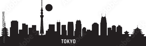 Black and White Tokyo City Skyline Silhouette Illustration