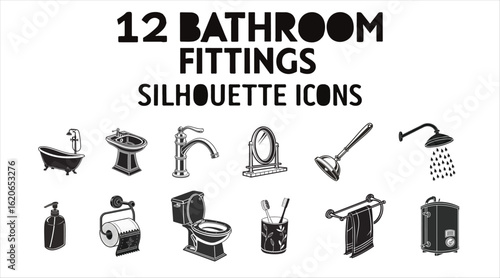 12 Silhouette Bathroom Fittings Icons - Black and White Bathroom Fittings Icons. Bathtub, bidet, sink, faucet, mirror, plunger, shower and so on.