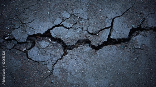 Abstract dark concrete surface with raw texture variations, highlighting weathered cracks and aggregates under moody lighting.
