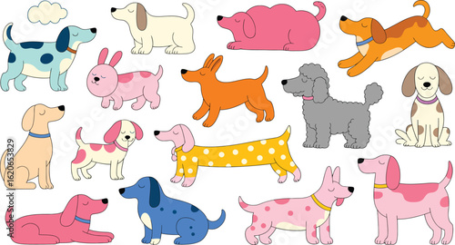 A whimsical collection of colorful cartoon dog and puppy illustrations