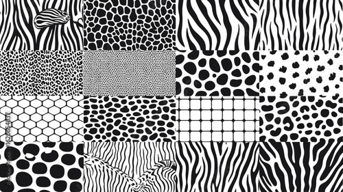 Vector collection of black and white seamless patterns. Abstract geometric and animal skin textures.