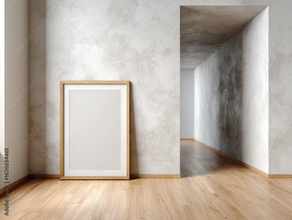A white framed picture is on a wall in a room. The frame is wooden and the picture is white A white framed picture is on a wall in a room. The frame is wooden and the picture is white