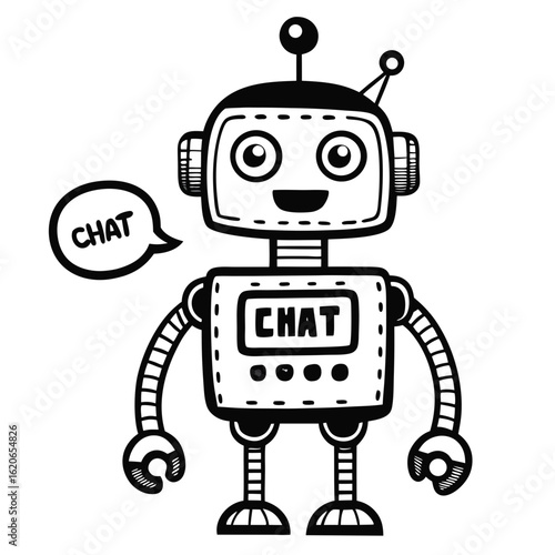 Friendly cartoon robot with a chat bubble and screen displaying the word chat