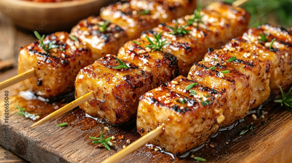 Golden-brown grilled cubes on skewers, garnished with herbs Golden-brown grilled cubes on skewers, garnished with herbs