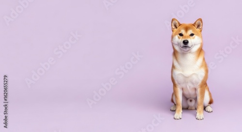 Shiba Inu dog sitting centered on a purple background looking directly at the viewer