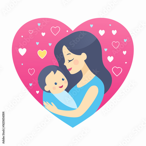 A heartwarming illustration of a mother's gentle embrace for her baby, set against a pink heart background. A symbol of pure love and family connection