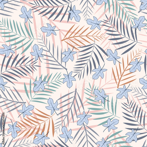 Tropical areca palm leaves foliage seamless pattern. Hawaiian floral surface design