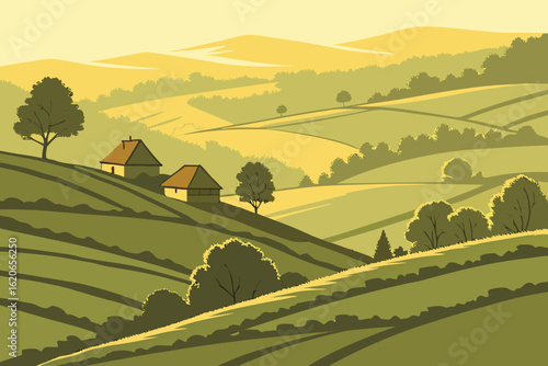 Bask in the golden hour light of Moldova’s rural landscapes, modern flat illustration style